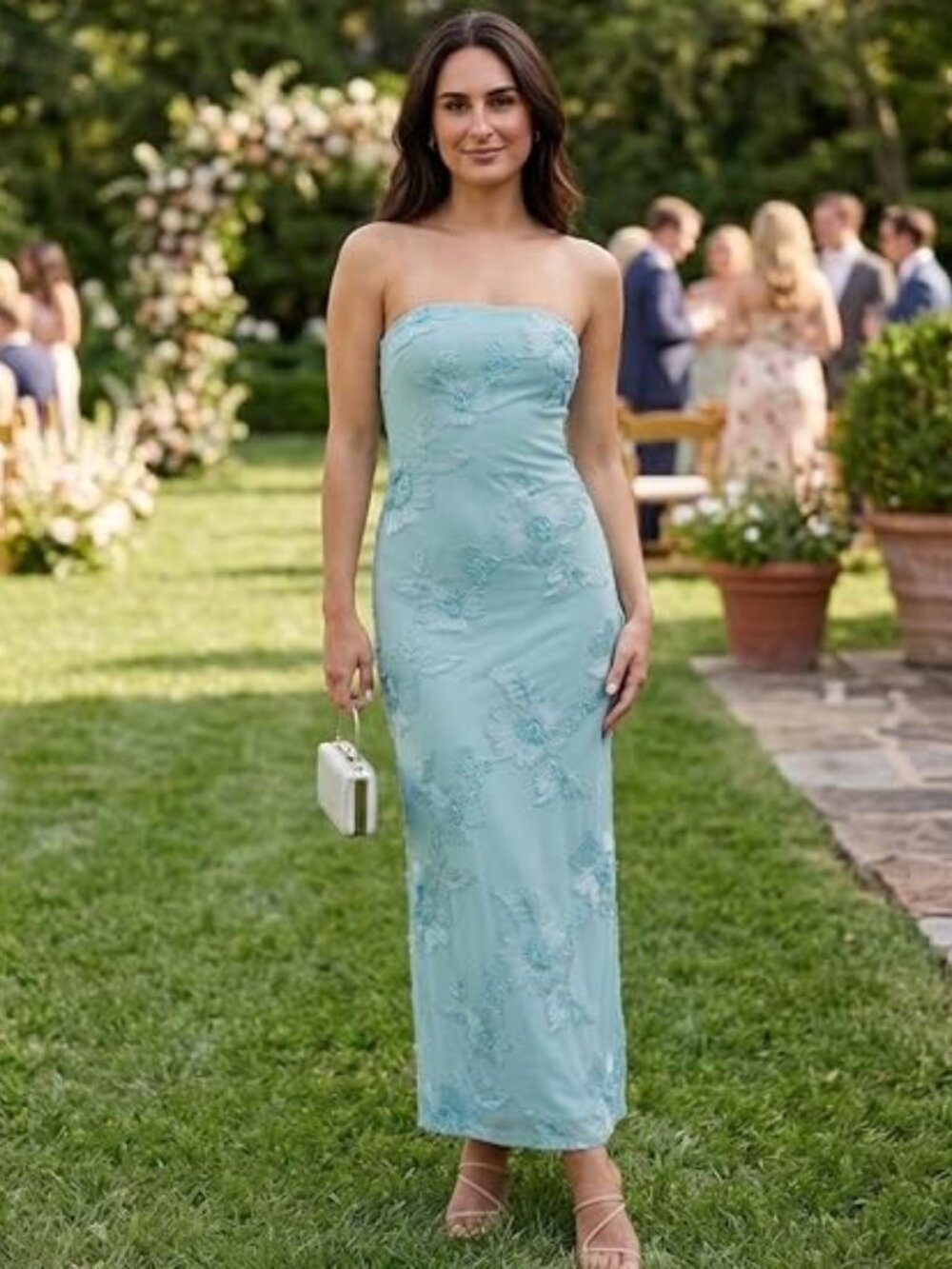 Women's Summer Floral Strapless Mesh Wedding Guest Cocktail Maxi Dress